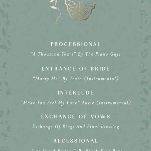 This is a eucalyptus unique wedding programs with foil pressed by Simona Camp called southern romance printing on signature in 4x9