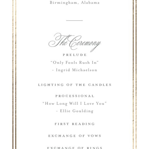 This is a mist unique wedding programs with foil pressed by Sarah Brown called formally printing on signature in 4x9