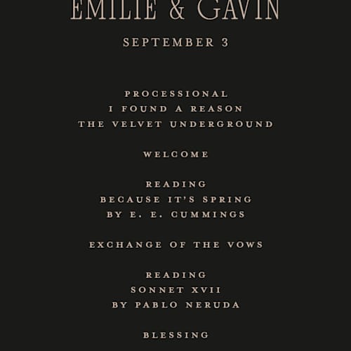 This is a noir unique wedding programs with foil pressed by Randi Cirelli called emilie printing on signature in standard