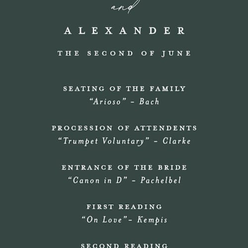 This is a forest unique wedding programs with foil pressed by Stacey Meacham called elegant lillies printing on signature in standard