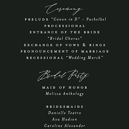 This is a onyx unique wedding programs with foil pressed by Nicoletta Savod called majesty printing on signature in standard
