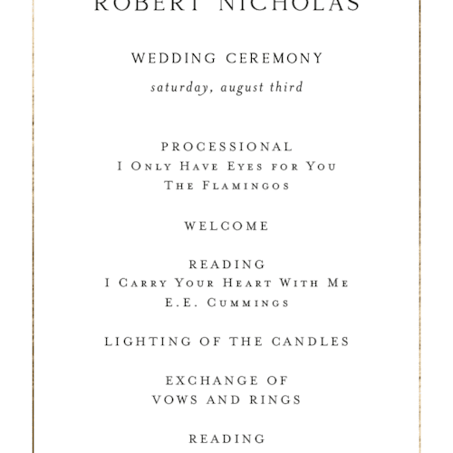 This is a silk unique wedding programs with foil pressed by Kelly Schmidt called monogram script printing on signature in standard