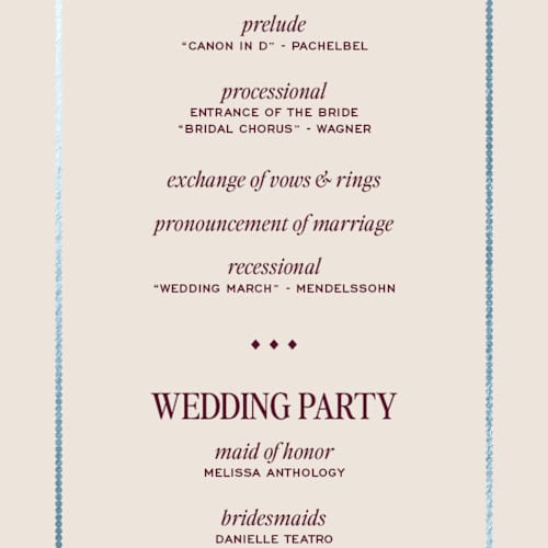 This is a celestial unique wedding programs with foil pressed by Jenna Holcomb called modern vintage printing on signature in standard