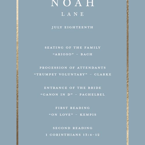 This is a dusty blue unique wedding programs with foil pressed by Stacey Meacham called elegant bevel printing on signature in 4x9