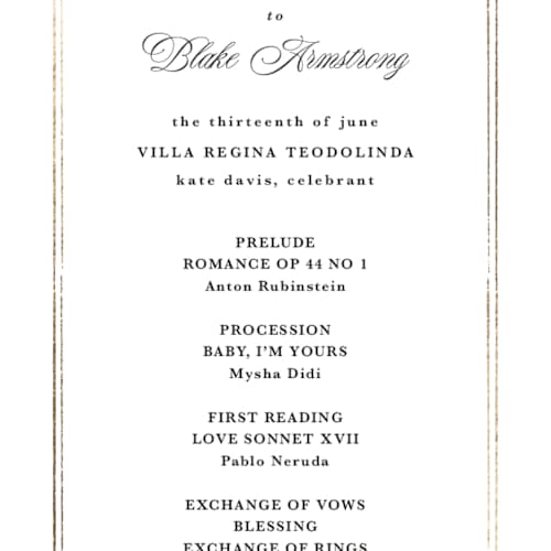 This is a diamond unique wedding programs with foil pressed by Kate Ahn called lake como printing on signature in 4x9