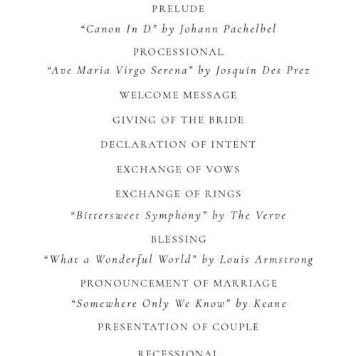 This is a spun sugar unique wedding programs with foil pressed by Jessica Williams called aligned printing on signature in 4x9