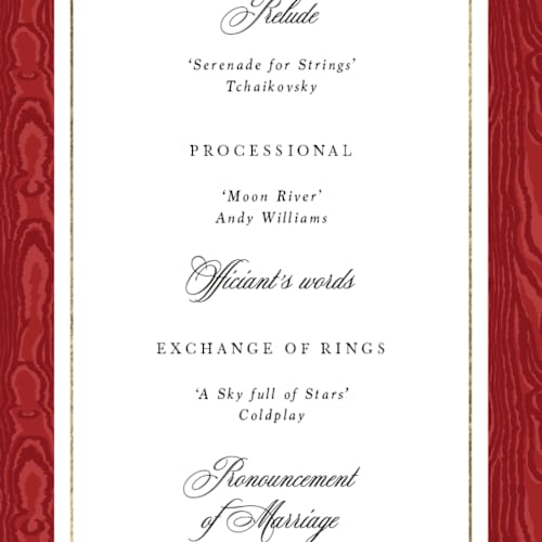 This is a crimson unique wedding programs with foil pressed by Studio Suku called moiré printing on signature in standard