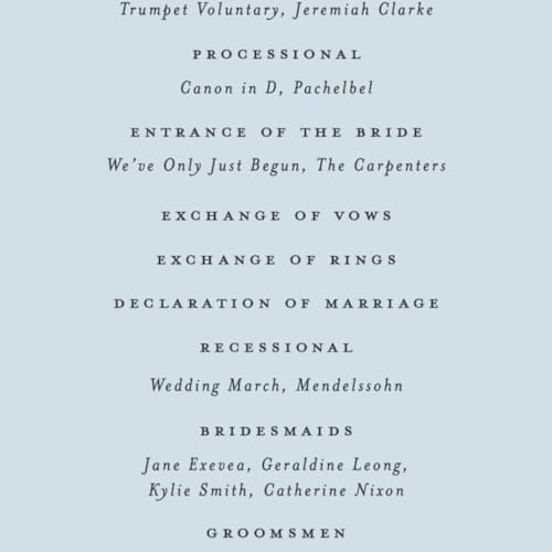 This is a cornflower unique wedding programs with foil pressed by Grae called meet me in the garden printing on signature in 4x9