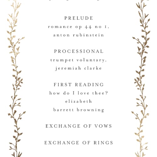 This is a alabaster unique wedding programs with foil pressed by Susan Moyal called delicate vine printing on signature in 4x9
