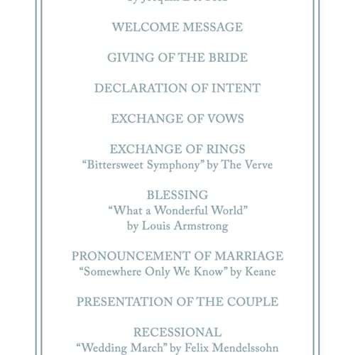 This is a french unique wedding programs with standard by Carolyn MacLaren called fleur corner printing on signature in standard