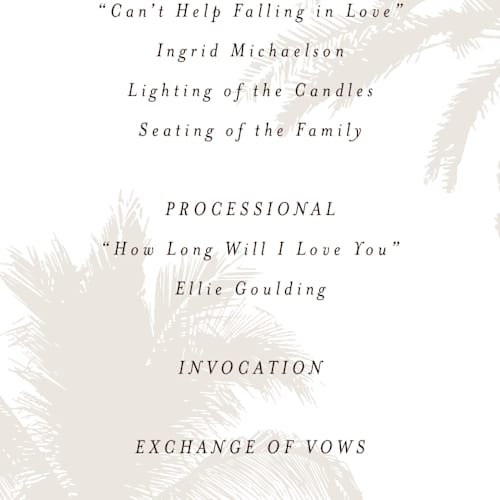 This is a ecru unique wedding programs with standard by AK Graphics called palm printing on signature in standard