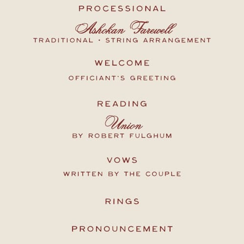 This is a rust unique wedding programs with standard by Ani Somi called rose ink printing on signature in standard