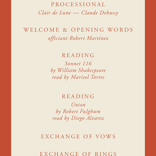 This is a cherry unique wedding programs with standard by Ani Somi called borders printing on signature in standard