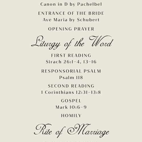 This is a ivory unique wedding programs with standard by Ani Somi called milagro printing on signature in standard