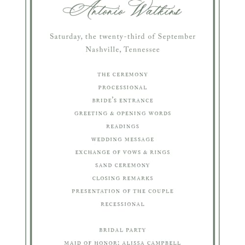 This is a sage unique wedding programs with standard by Jennifer Postorino called avery printing on signature in 4x9