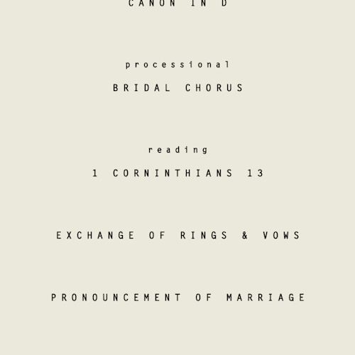 This is a vanilla unique wedding programs with standard by Blustery August called nonnette printing on signature in standard