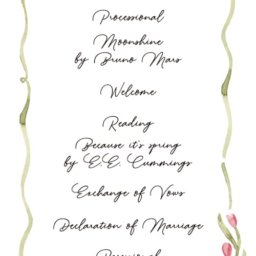 This is a deep blush unique wedding programs with standard by Pati Cascino called barolo printing on signature in standard