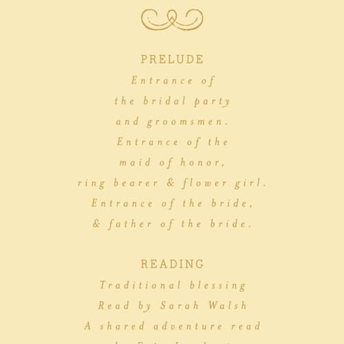 This is a butter unique wedding programs with standard by Nazia Hyder called vintage label printing on signature in 4x9
