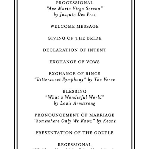 This is a tuxedo unique wedding programs with standard by Carolyn MacLaren called timeless together printing on signature in 4x9
