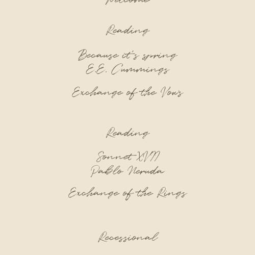 This is a buttercream unique wedding programs with standard by Helena Vitto called the swan printing on signature in 4x9