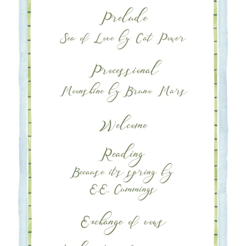 This is a celeste unique wedding programs with standard by Pati Cascino called alento printing on signature in 4x9