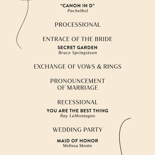 This is a champagne unique wedding programs with standard by Wallace Design Co. called french whimsy script printing on signature in 4x9