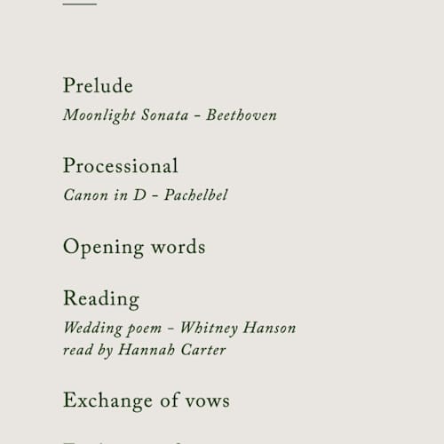 This is a forest unique wedding programs with standard by Bethan called editorial printing on signature in 4x9