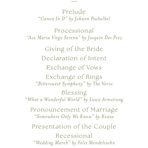 This is a moss unique wedding programs with standard by Megan Davis called perriand printing on signature in 4x9