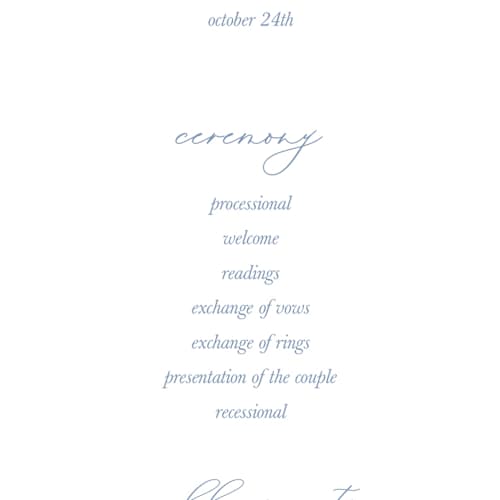 This is a oyster blue unique wedding programs with standard by Cotton and Bow called i found my pearl printing on signature in 4x9