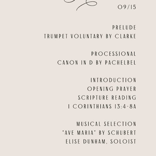 This is a black tie unique wedding programs with standard by Hooray Creative called scripted names printing on signature in standard