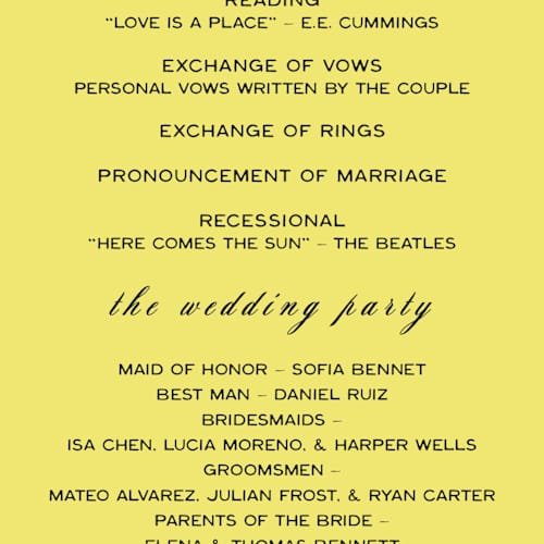 This is a lemon unique wedding programs with standard by Ani Somi called in lights printing on signature in standard