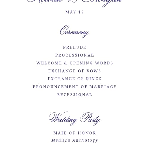 This is a plum unique wedding programs with standard by Cass Loh called blooming crest printing on signature in standard