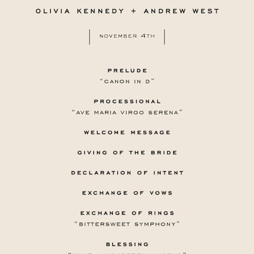 This is a almond unique wedding programs with standard by Eric Clegg called modern romance printing on signature in standard