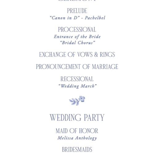 This is a cerulean unique wedding programs with standard by Jenna Holcomb called embroidered printing on signature in standard