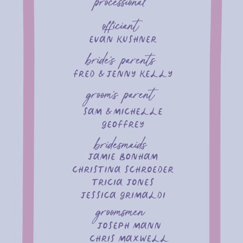 This is a lavender unique wedding programs with standard by Wonderland called funky bash printing on signature in 4x9