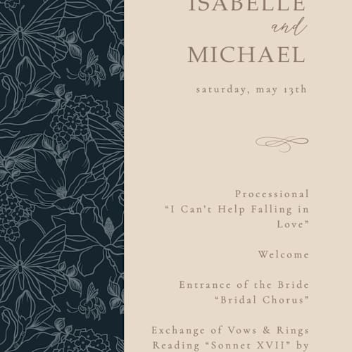 This is a sky unique wedding programs with standard by Sabrin Deirani called magnolias printing on signature in 4x9