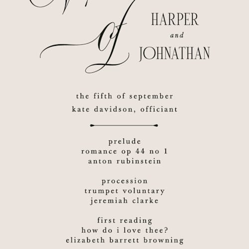 This is a linen unique wedding programs with standard by Kate Ahn called mirin printing on signature in 4x9
