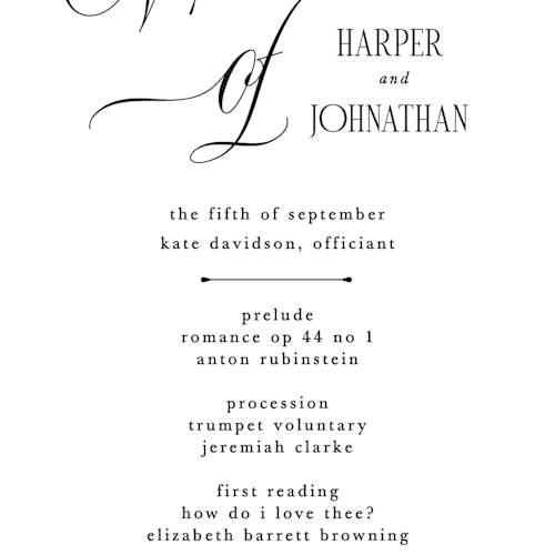 This is a diamond unique wedding programs with standard by Kate Ahn called mirin printing on signature in 4x9