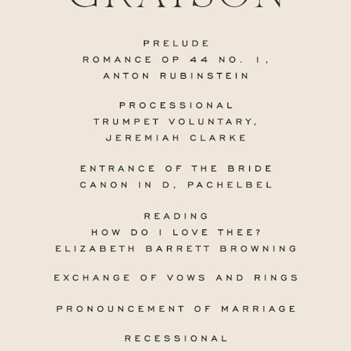 This is a creme unique wedding programs with standard by Carly Reed Walker called tendu printing on signature in 4x9