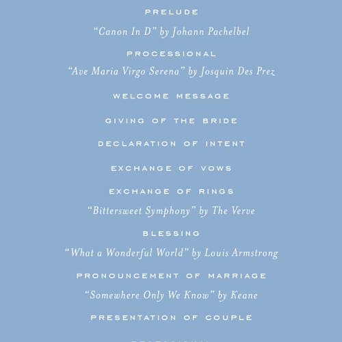 This is a bluebell unique wedding programs with standard by Jessica Williams called marenza printing on signature in standard