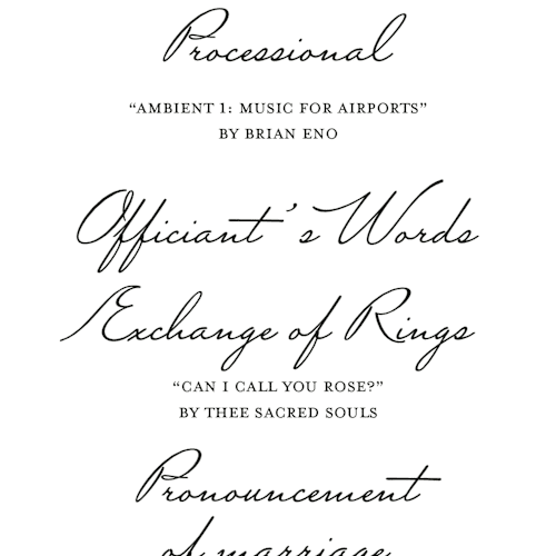 This is a ivory unique wedding programs with standard by Studio Suku called hotel printing on signature in standard