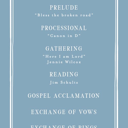 This is a periwinkle unique wedding programs with standard by Alethea and Ruth called sweet vintage printing on signature in standard