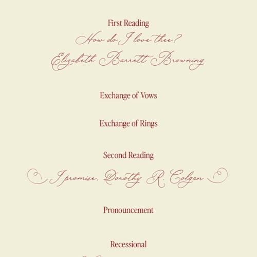 This is a burgundy unique wedding programs with standard by Helena Vitto called elizabeth printing on signature in standard