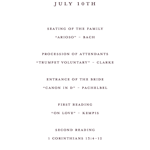 This is a burgundy unique wedding programs with standard by Stacey Meacham called engraved names printing on signature in standard