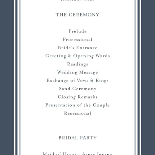 This is a french blue unique wedding programs with standard by Jennifer Postorino called ariah printing on signature in standard