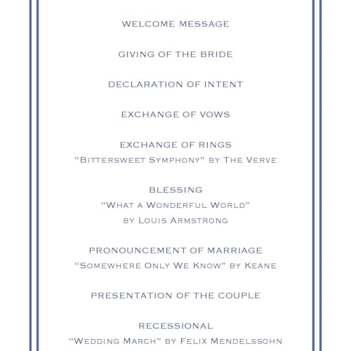 This is a blueberry unique wedding programs with standard by Carolyn MacLaren called deluxe printing on signature in standard