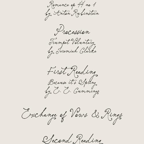 This is a vintage unique wedding programs with standard by Kelly Watkins called felicity printing on signature in standard