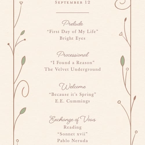 This is a autumn unique wedding programs with standard by Morgan Ramberg called disney storybook printing on signature in 4x9