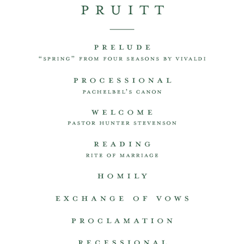 This is a pine unique wedding programs with standard by Amy Kross called mountain ridge printing on signature in 4x9