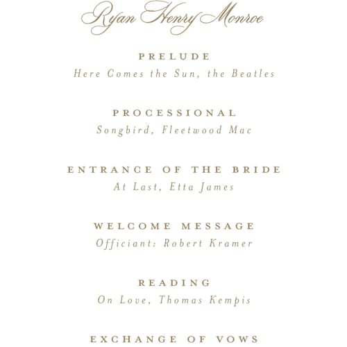 This is a chiffon unique wedding programs with standard by Everett Paper Goods called avalon printing on signature in 4x9